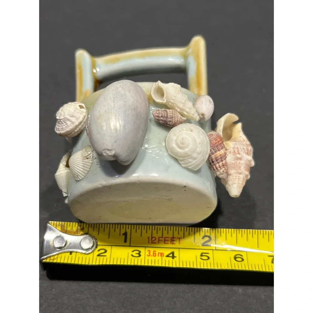 Vintage Miniature Shell Encrusted Ceramic Basket Coastal Beach Decor Trinket Cup